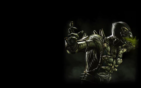 HD wallpaper of a character from Mortal Kombat X, showcasing a menacing figure with dark, monstrous features and a toxic green mist emanating from his mouth.