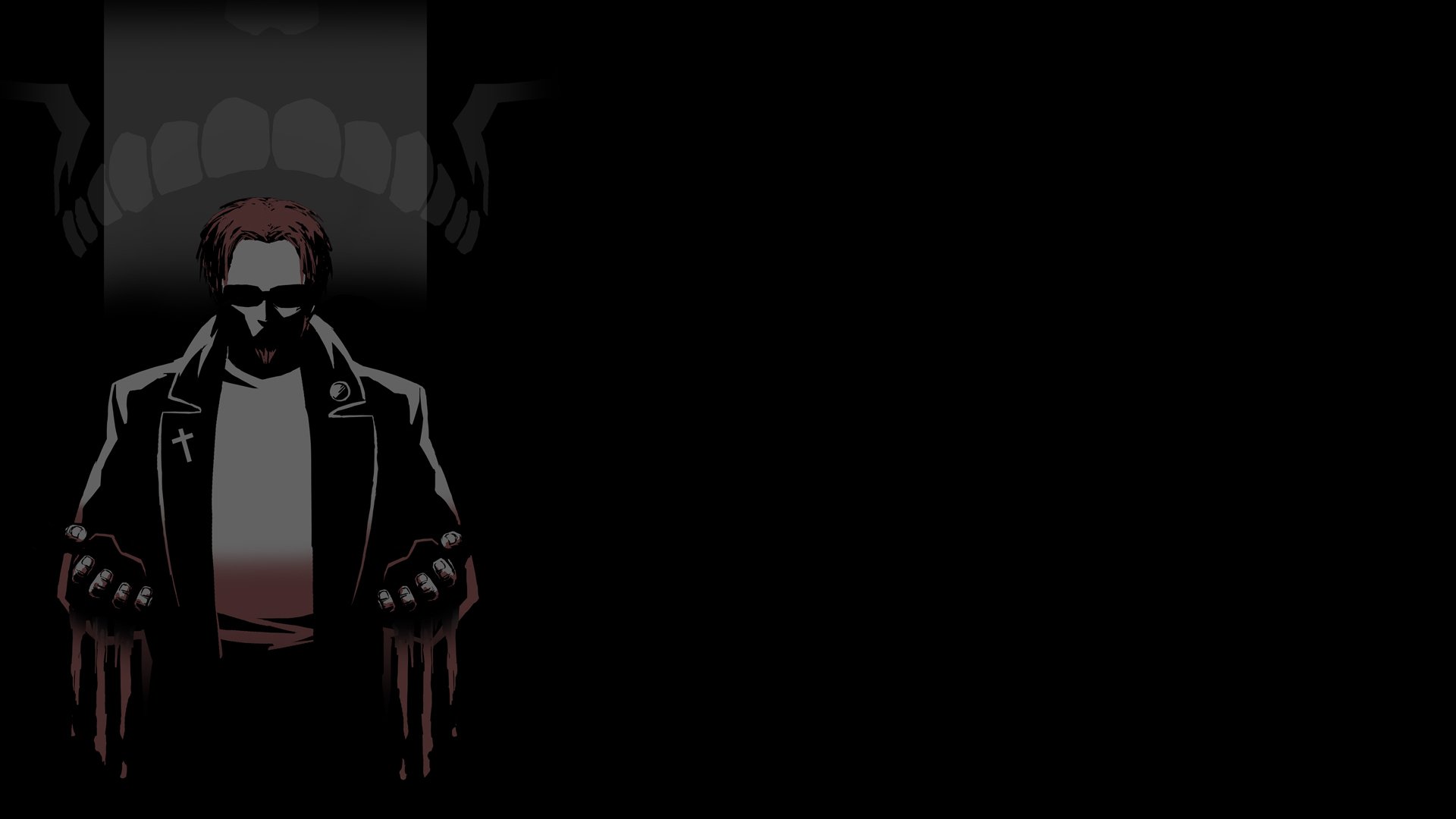 POSTAL video game HD PC desktop wallpaper: dark, stylized figure in a coat with blood-streaked hands beneath a looming maw on a black background.