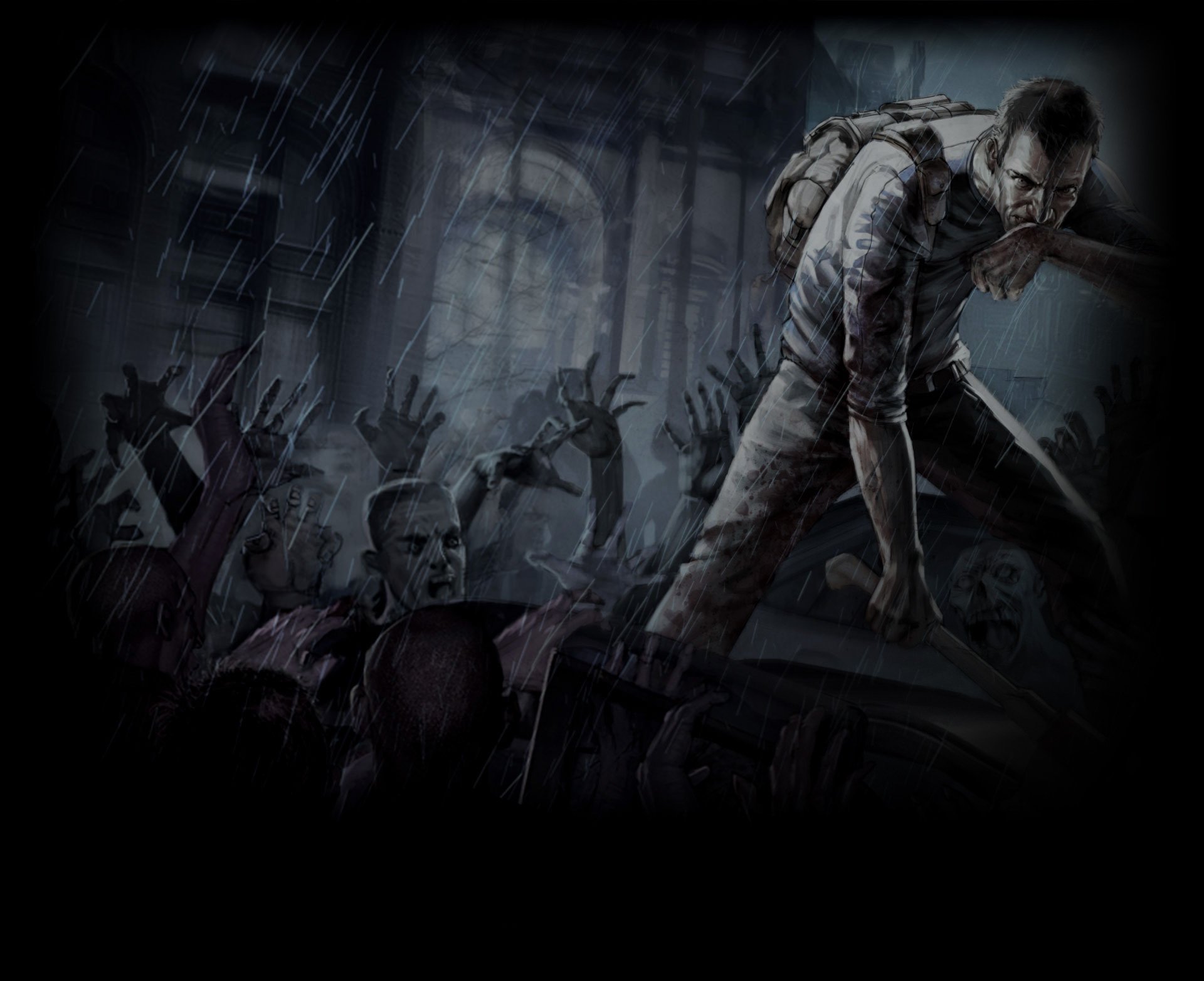 HD PC desktop wallpaper for the video game Project Zomboid: a survivor climbs over a car as grasping zombies surge in the rain against a ruined cityscape.