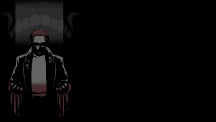 POSTAL video game HD PC desktop wallpaper: dark, stylized figure in a coat with blood-streaked hands beneath a looming maw on a black background.