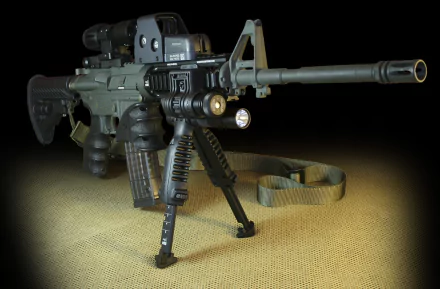 High-definition wallpaper featuring a Colt AR-15 with tactical accessories, set against a dark background, showcasing its details and modern design.