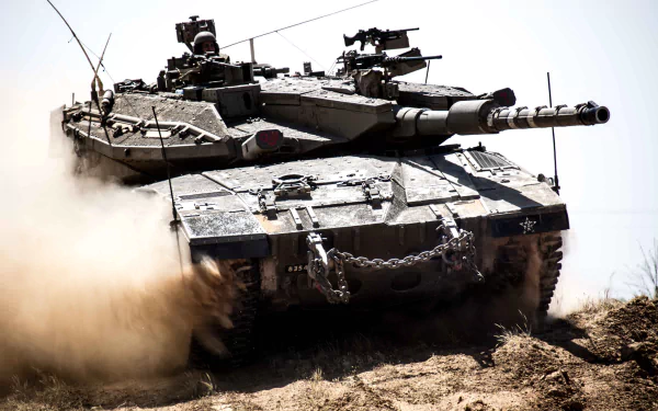 HD PC desktop wallpaper featuring a Merkava tank advancing through rough terrain, showcasing its military power and rugged design.