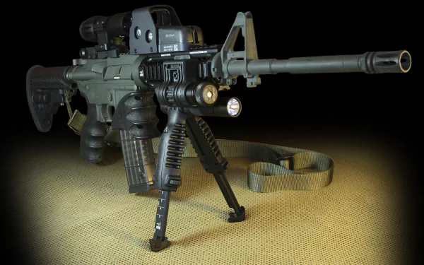 High-definition wallpaper featuring a Colt AR-15 with tactical accessories, set against a dark background, showcasing its details and modern design.