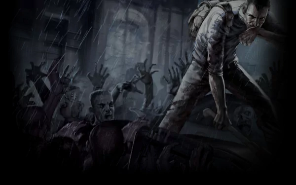 HD PC desktop wallpaper for the video game Project Zomboid: a survivor climbs over a car as grasping zombies surge in the rain against a ruined cityscape.