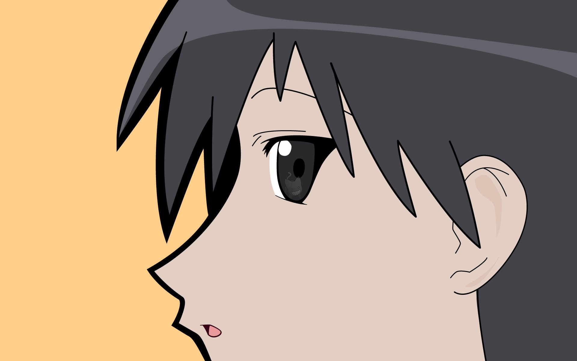 Close-up profile of an Azumanga Daioh anime girl with dark hair against a peach backdrop — HD PC desktop wallpaper and background.