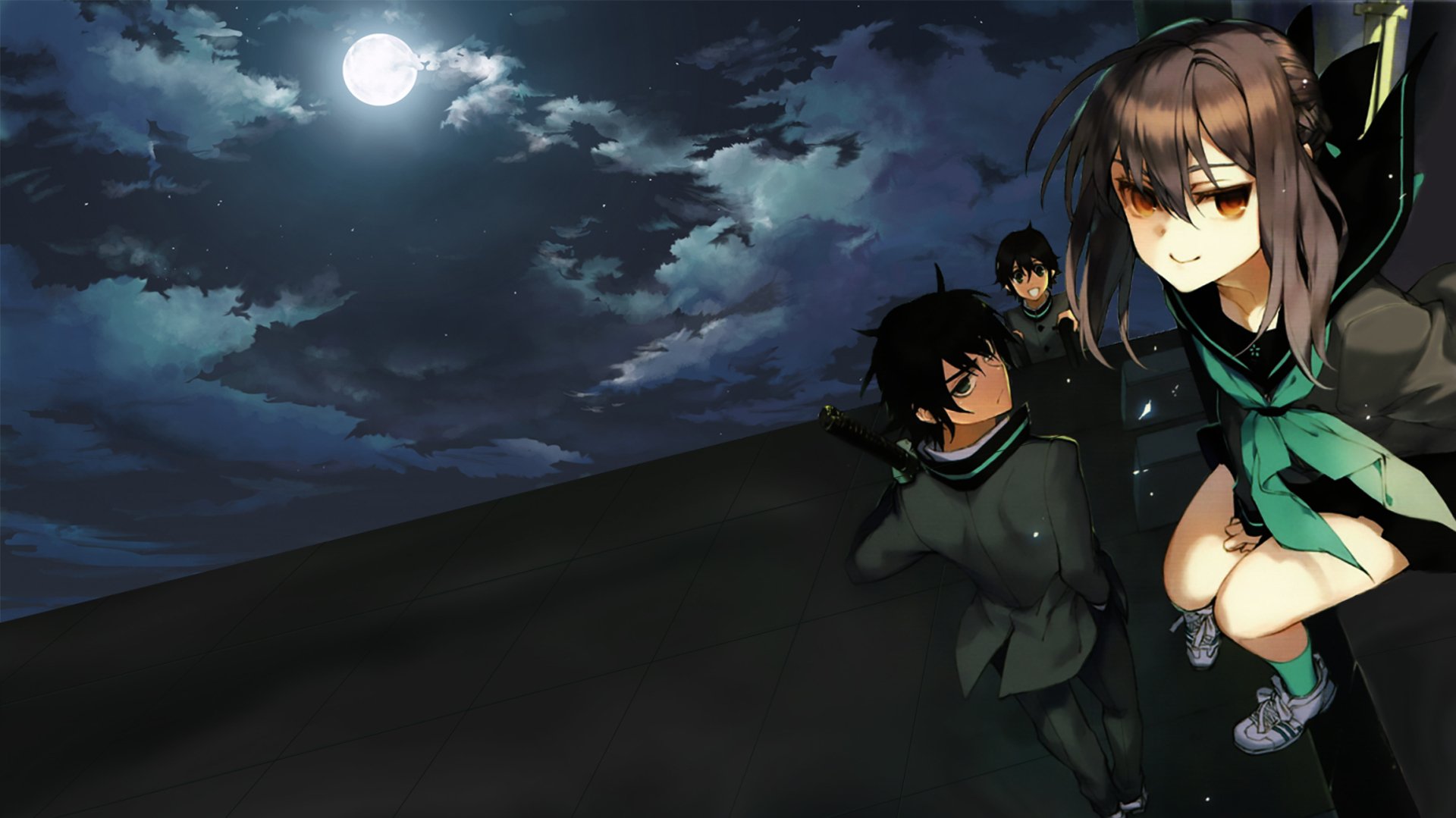 An HD wallpaper featuring characters Yoichi Saotome, Yūichirō Hyakuya, and Shinoa Hīragi from the anime Seraph of the End, set against a dramatic moonlit night sky.