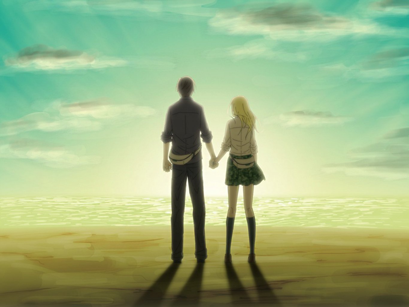 A serene HD wallpaper featuring Himiko and Ryōta Sakamoto from Btooom!, hand in hand on a beach, gazing at a sunlit horizon.