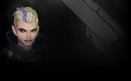 Shadowrun: Dragonfall HD PC desktop wallpaper — cyberpunk portrait of a short‑haired, half‑shaved character with purple streaks set against a dark, industrial background