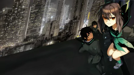 HD wallpaper featuring characters Yoichi Saotome, Yūichirō Hyakuya, and Shinoa Hīragi from the anime Seraph of the End, set against a vibrant cityscape backdrop at night.