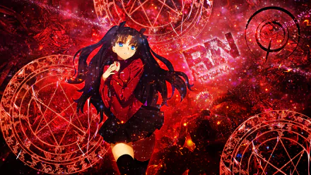 A vibrant HD wallpaper featuring Rin Tohsaka from Fate/Stay Night: Unlimited Blade Works, set against a striking red and mystical background with intricate symbols.