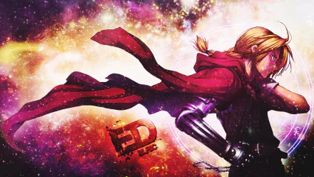 Anime character Edward Elric from Fullmetal Alchemist stands confidently against a cosmic background, showcasing his iconic red cloak and automail arm in this HD desktop wallpaper.