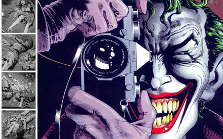 A striking HD wallpaper featuring the Joker from *Batman: The Killing Joke*, capturing his menacing smile as he aims a camera, surrounded by impactful comic panels.
