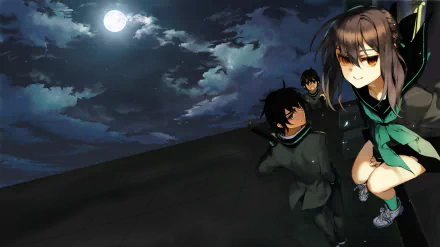 An HD wallpaper featuring characters Yoichi Saotome, Yūichirō Hyakuya, and Shinoa Hīragi from the anime Seraph of the End, set against a dramatic moonlit night sky.