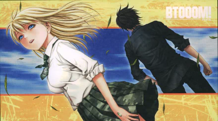 A vibrant 4K Ultra HD wallpaper featuring Himiko and Ryōta Sakamoto from the anime Btooom!, set against a striking colorful background.