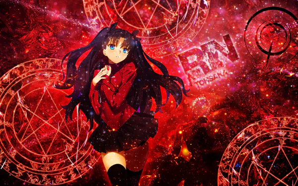 A vibrant HD wallpaper featuring Rin Tohsaka from Fate/Stay Night: Unlimited Blade Works, set against a striking red and mystical background with intricate symbols.