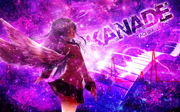 A vibrant HD wallpaper featuring Kanade Tachibana from the anime Angel Beats!, set against a cosmic background with musical elements and ethereal wings.