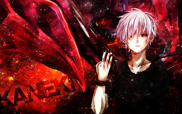 HD desktop wallpaper featuring Ken Kaneki from Tokyo Ghoul, with white hair, red eyes, and a kagune emerging from his back. He is wearing cuffs and the background is a dark, fiery red with the name Kaneki visible.