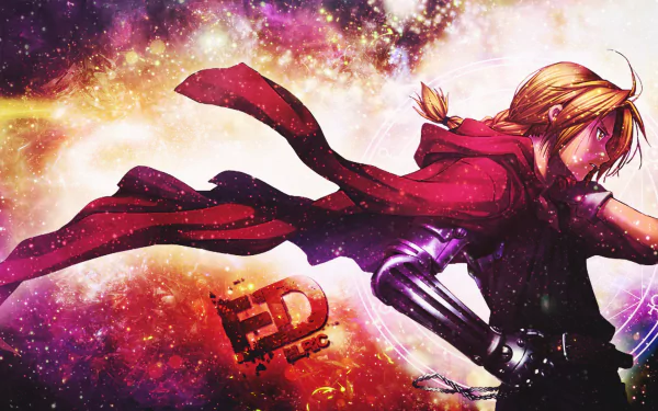 Anime character Edward Elric from Fullmetal Alchemist stands confidently against a cosmic background, showcasing his iconic red cloak and automail arm in this HD desktop wallpaper.