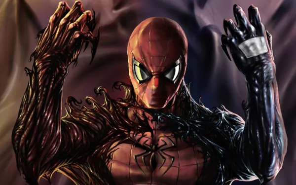 A striking HD wallpaper featuring Spider-Man in a dynamic pose, merging with Carnage, showcasing a vivid blend of dark and vibrant colors for an eye-catching comic art piece.