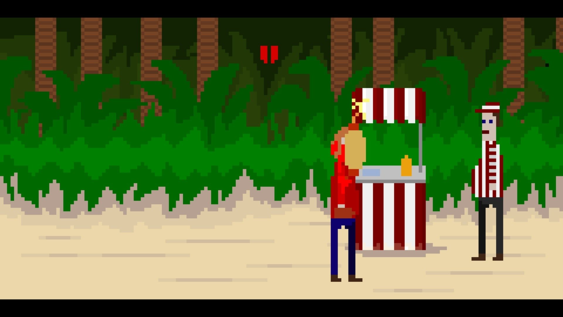HD desktop wallpaper from McPixel featuring a pixelated character next to a striped concession stand in a tropical setting.