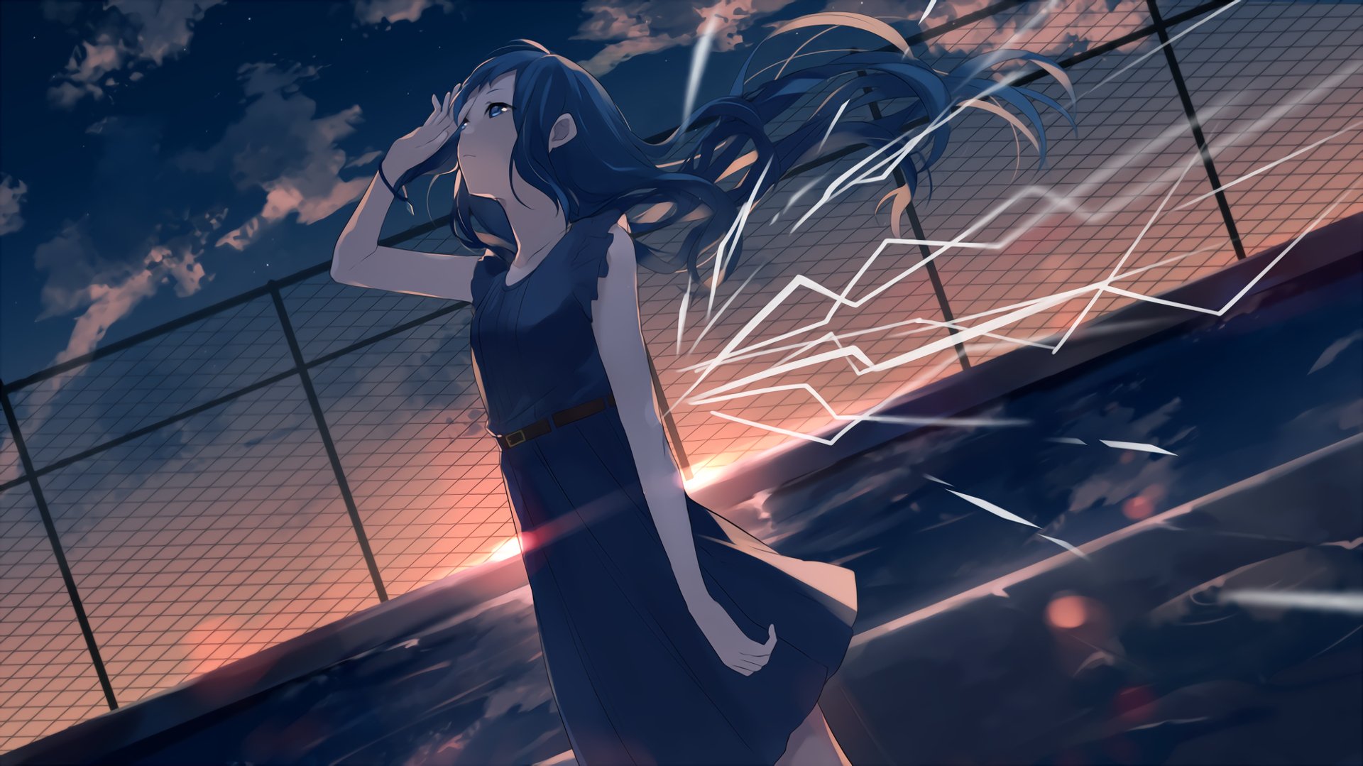 HD anime Vocaloid wallpaper depicting a girl with flowing hair against a sunset sky and fence, blending dynamic lighting and motion for a vivid desktop background.