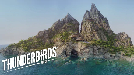 HD PC desktop wallpaper featuring a detailed view of the island base from the TV show Thunderbirds Are GO, with rocky cliffs and clear blue water.