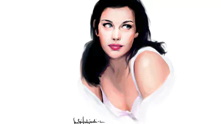 HD PC desktop wallpaper featuring a stylized portrait of celebrity Liv Tyler with a soft expression against a white background.