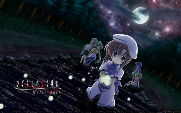 HD PC desktop wallpaper featuring Rena Ryūgū from the anime Higurashi When They Cry under a moonlit, starry night sky.