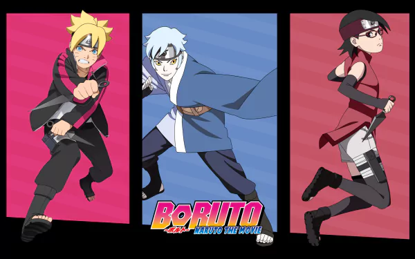 HD wallpaper of Boruto Uzumaki, Mitsuki, and Sarada Uchiha from Boruto: Naruto the Movie. The characters are in dynamic action poses with colorful backgrounds.