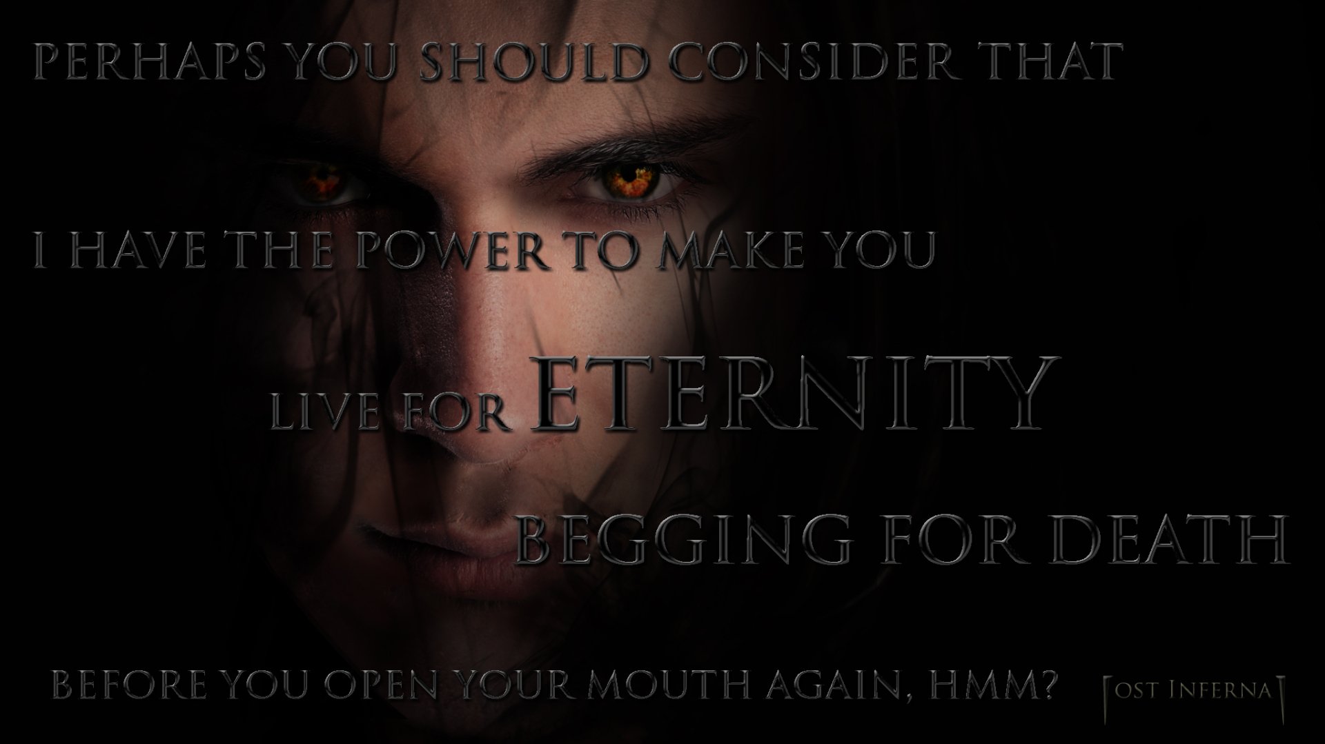 HD PC desktop wallpaper featuring a close-up of a vampire's evil eye with a dark fantasy theme and eerie text about power, eternity, and death.