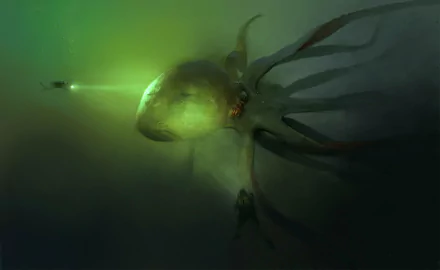 HD desktop wallpaper depicting a dark, eerie sea monster resembling a kraken or giant octopus emerging from murky green waters in a fantasy setting.