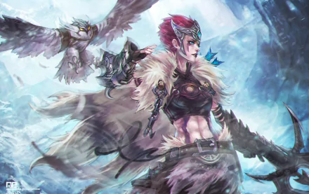 A fierce woman warrior, Quinn from League of Legends, stands ready for battle alongside her owl, set against a mystical, icy background in this vibrant fantasy wallpaper.