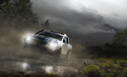 Forza Horizon 2 video game HD PC desktop wallpaper — rally car airborne on a muddy mountain road, headlights cutting through dust and stormy clouds.