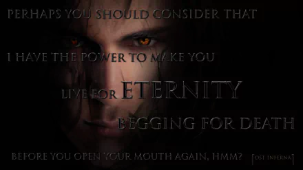 HD PC desktop wallpaper featuring a close-up of a vampire's evil eye with a dark fantasy theme and eerie text about power, eternity, and death.
