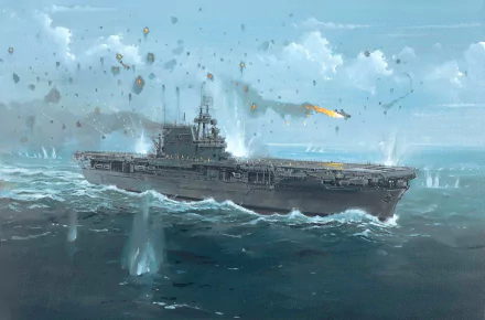 HD desktop wallpaper depicting the USS Enterprise (CV-6) aircraft carrier in a military naval battle scene with explosions and aircraft overhead.