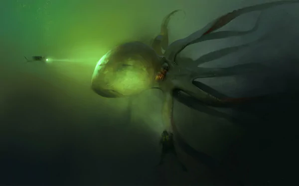 HD desktop wallpaper depicting a dark, eerie sea monster resembling a kraken or giant octopus emerging from murky green waters in a fantasy setting.