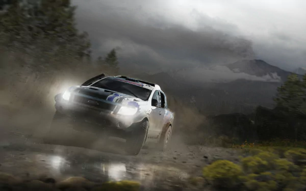 Forza Horizon 2 video game HD PC desktop wallpaper — rally car airborne on a muddy mountain road, headlights cutting through dust and stormy clouds.