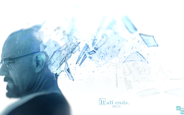 A striking HD wallpaper featuring Bryan Cranston as Walter White from the TV show Breaking Bad, showcasing a dramatic blend of light and shattered glass elements.