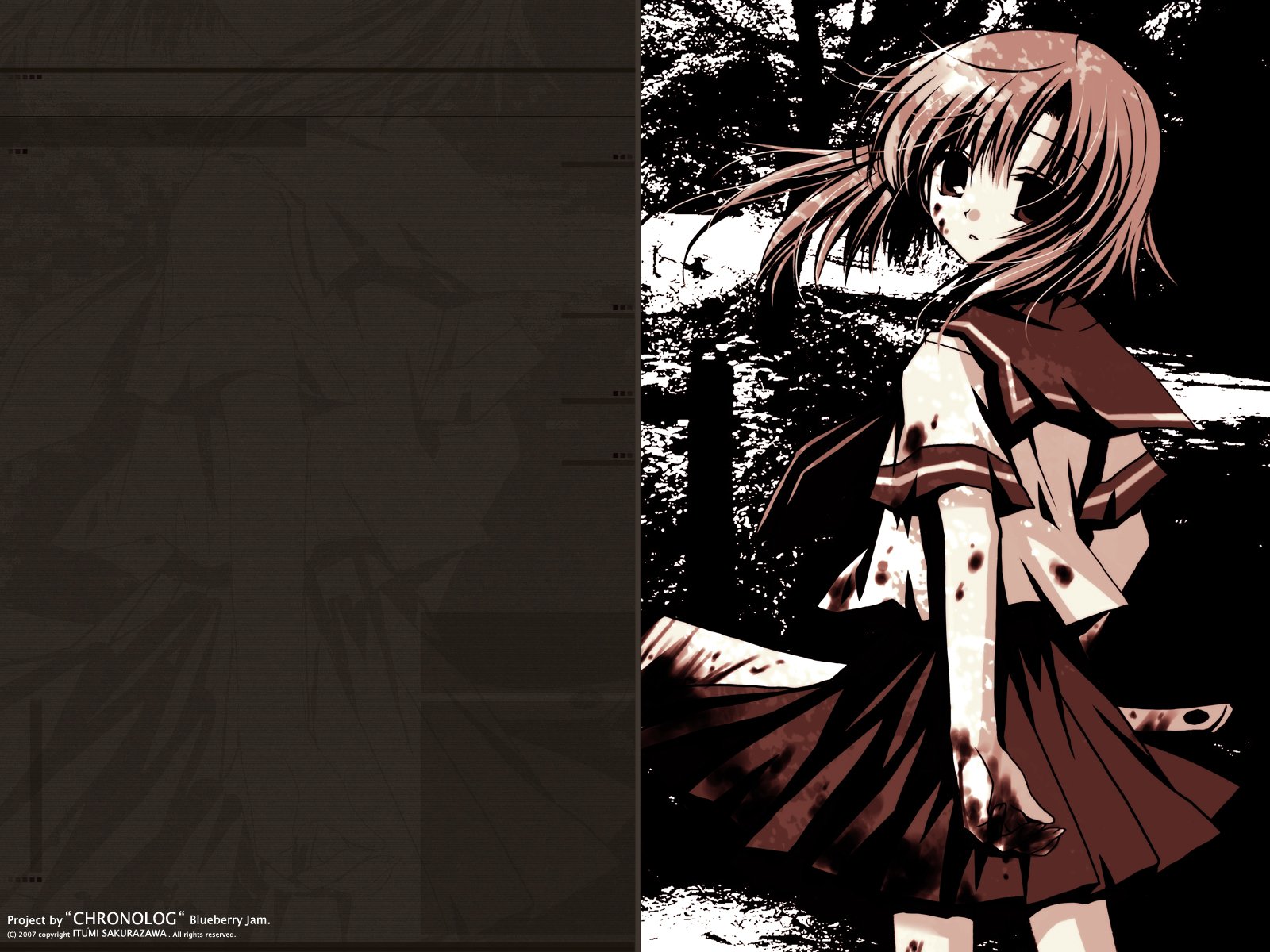 Rena Ryūgū (Higurashi When They Cry anime) in a blood-streaked school uniform, knife at her side against a dark textured panel — HD PC desktop wallpaper/background.