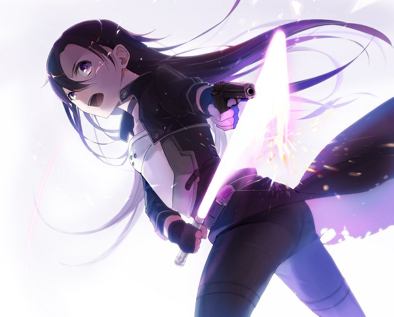 Kirito from Sword Art Online II wields a glowing sword, showcasing dynamic action in this HD desktop wallpaper. The vibrant colors and energy capture the essence of the anime.