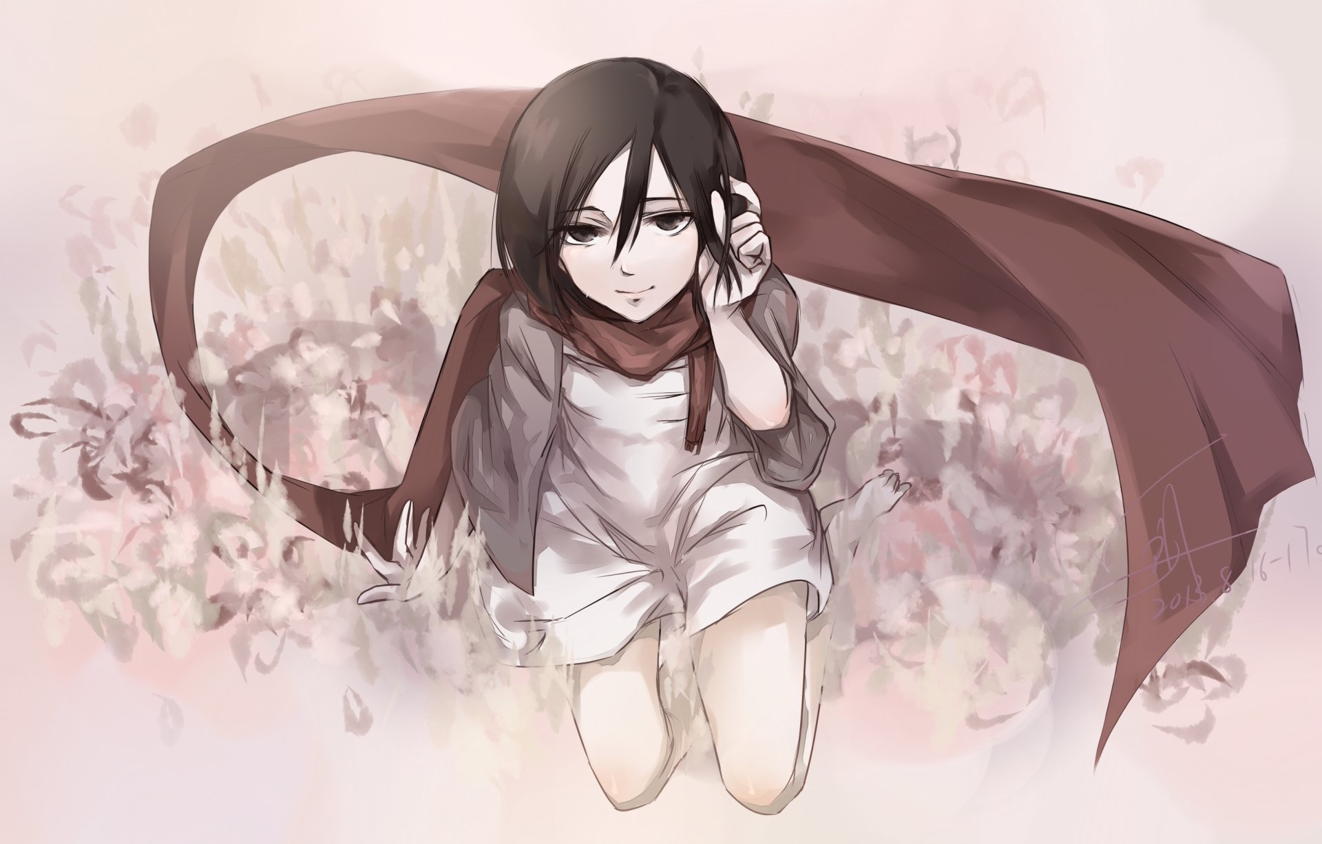 HD PC desktop wallpaper featuring Mikasa Ackerman from Attack on Titan, depicted with her signature red scarf amidst a soft floral background.