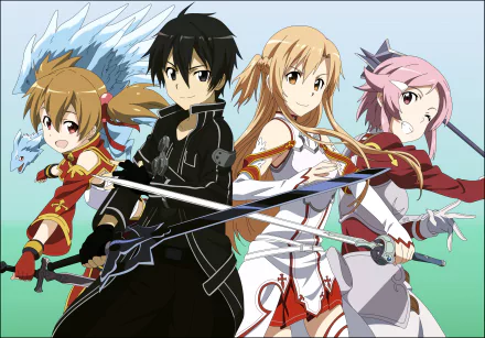 HD desktop wallpaper featuring anime characters Lisbeth, Asuna Yuuki, Kirito, and Silica from Sword Art Online, all posing with their weapons.