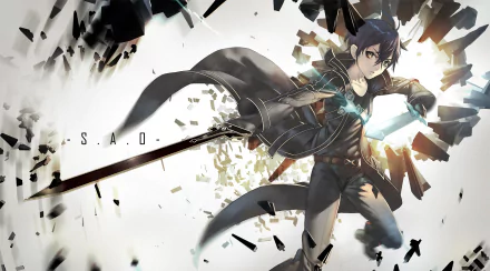 HD desktop wallpaper featuring Kazuto Kirigaya (Kirito) from Sword Art Online. The anime character wields a sword with fragmented background elements, embodying an action-packed scene from the series.
