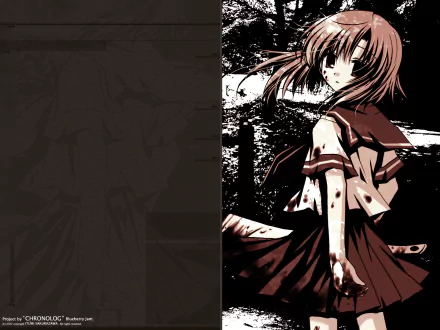 Rena Ryūgū (Higurashi When They Cry anime) in a blood-streaked school uniform, knife at her side against a dark textured panel — HD PC desktop wallpaper/background.