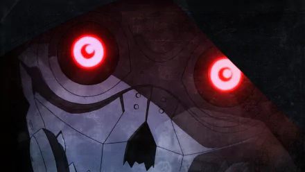An HD desktop wallpaper featuring Death Gun from Sword Art Online II, showcasing a menacing mask with glowing red eyes against a dark background.