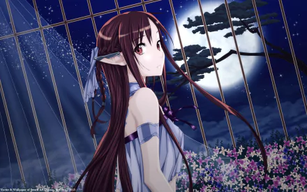 Asuna Yuuki from Sword Art Online stands gracefully in a moonlit garden, surrounded by flowers and soft light, creating a captivating HD anime wallpaper.