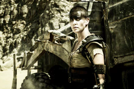 Imperator Furiosa, played by Charlize Theron in Mad Max: Fury Road, stands resolute beside a rugged vehicle in a 4K Ultra HD movie wallpaper.