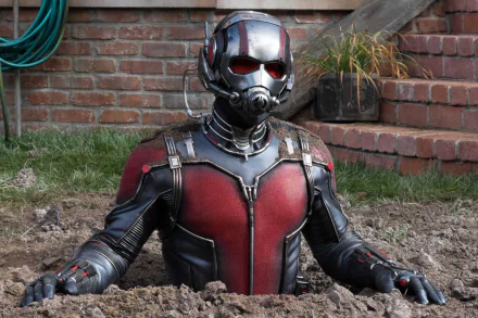 HD PC desktop wallpaper featuring Ant-Man from the movie, emerging from a patch of dirt with a brick wall and plants in the background.
