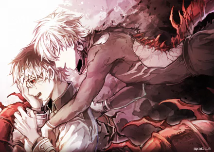 HD desktop wallpaper featuring Haise Sasaki and Ken Kaneki from Tokyo Ghoul:re. The image shows Ken with two-toned hair, red eyes, and a kakuja form kagune. Haise has white hair and a tearful smile.