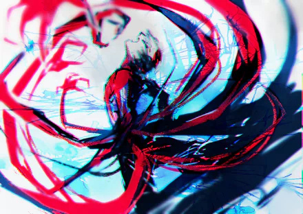 A dynamic HD illustration of Ken Kaneki from Tokyo Ghoul, featuring vibrant red and blue hues with dramatic swirling shapes, creating an intense and captivating atmosphere.